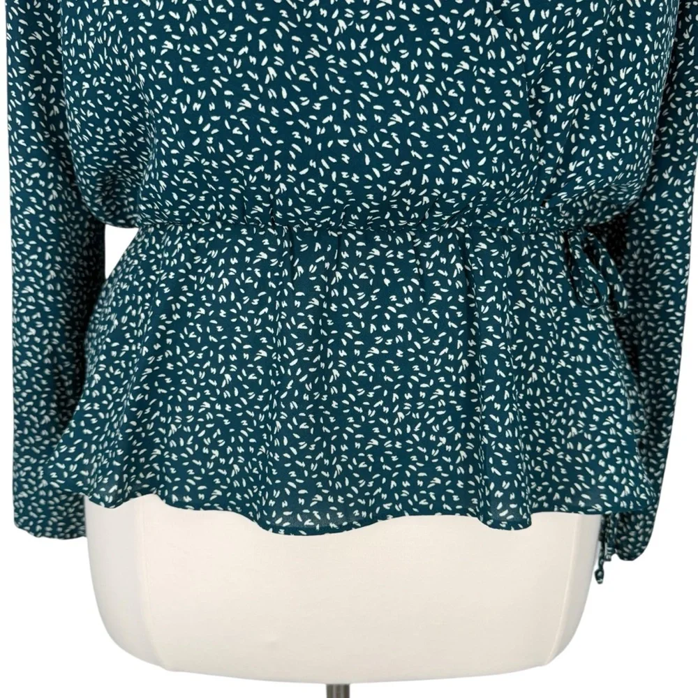 Nine Britton Cavanna Teal Green Faux Wrap Animal Print Dressy Peplum Blouse - Picture 5 of 16
